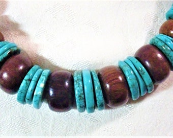 Necklace:  Genuine Graduated Chinese Turquoise Disks and Graduated Dark to Medium Wood Rondelles with a Round Sterling Silver Toggle Clasp