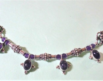 Necklace: Genuine Amethyst Hearts, Ovals, & Rounds; Sterling Quatrefoil Links; Bali-Style Sterling Tubes; Gen. Amethyst/SS Pendants; SS Hook