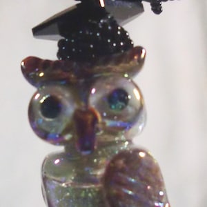 Graduation Silvery Glass Owl Charm Pendant w/Black Cap & Tassel Silver Ball Chain Hanging Loop Lampwork Glass Silvery Owl Jet Cap Tassel