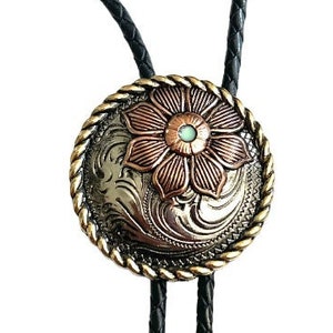 Handmade western style copper brass flower Bolo Tie - Personalized Cord Color , length , and tips /T06