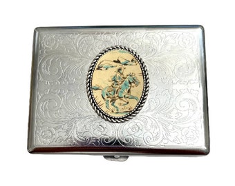 Stainless Steel Western Cowboy Cigarette Case Business Card ID Holder