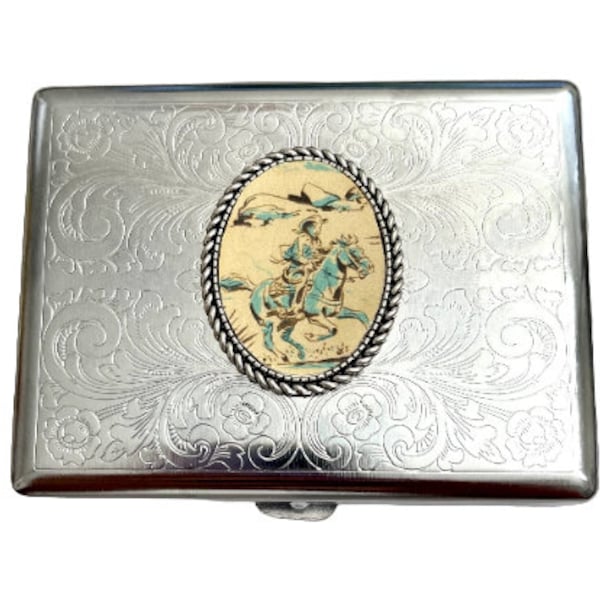 Stainless Steel Western Cowboy Cigarette Case Business Card ID Holder