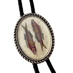 Puede incluir: Un corbatín bolo negro con un colgante ovalado plateado con dos peces rojos y verdes sobre un fondo crema.