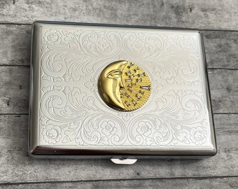 Amazing Stainless Steel Handmade Celestial Moon And Stars gold filled cigarette case box /T21