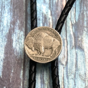 Handmade Genuine Buffalo Nickel Bolo Tie - Personalized Cord Color , length , and tips /T01