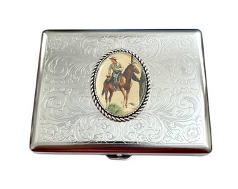 Stainless Steel Unique Western Cowboy vintage style Cigarette Case Business Card ID Holder