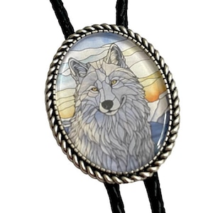 Stained Glass wolf  Bolo Tie - Personalized Cord Color , length , and tips /pic1