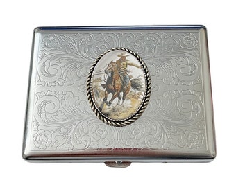 Stainless Steel Western Cowboy Cigarette Case Business Card ID Holder