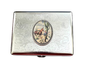 Stainless Steel Unique Western Cowboy vintage style Cigarette Case Business Card ID Holder