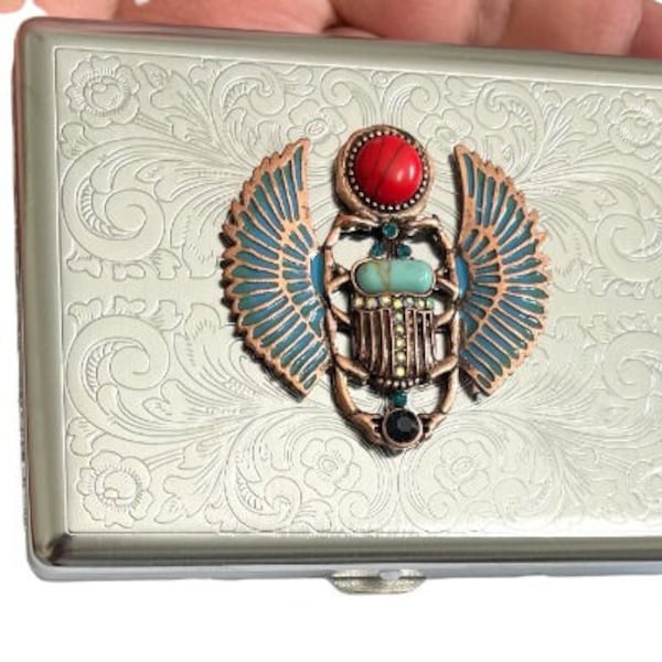 Stainless Steel EGYPTIAN SCARAB Cigarette Case Business Card ID Holder /T12