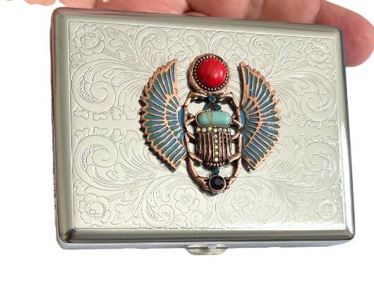 Stainless Steel EGYPTIAN SCARAB Cigarette Case Business Card ID Holder /T16 