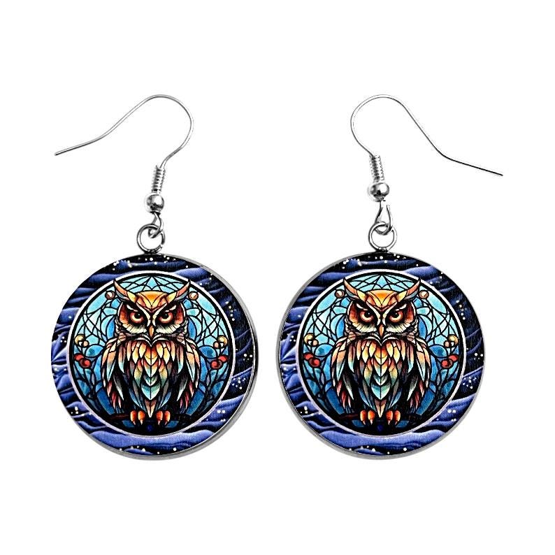 OWL Faux Stained Glass Art Print Earrings Lightweight Dangle Earrings Your Choice of Ear Hook