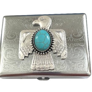 Stainless Steel Unique Turquoise Thunderbird Cigarette Case Business Card ID Holder /T12