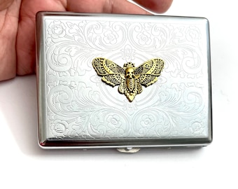 Stainless Steel Deaths Head Moth Cigarette Case Business Card ID Holder /T13