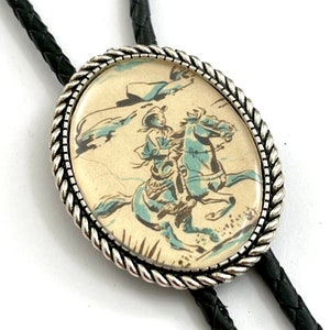 Western Cowboy in a Horse Bolo Tie - Personalized Cord Color ,length , and tips /C0