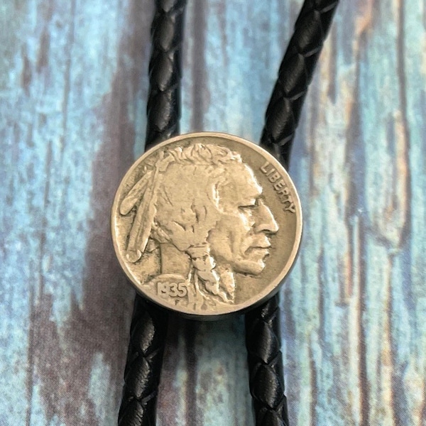 Handmade Genuine Indian Head  Nickel Bolo Tie - Personalized Cord Color , length , and tips /T01