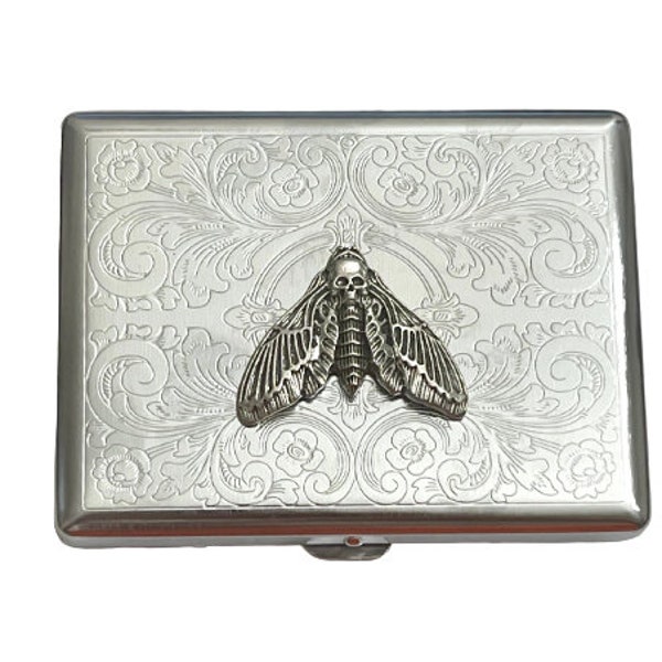 Stainless Steel Deaths Head Moth Cigarette Case Business Card ID Holder /T13