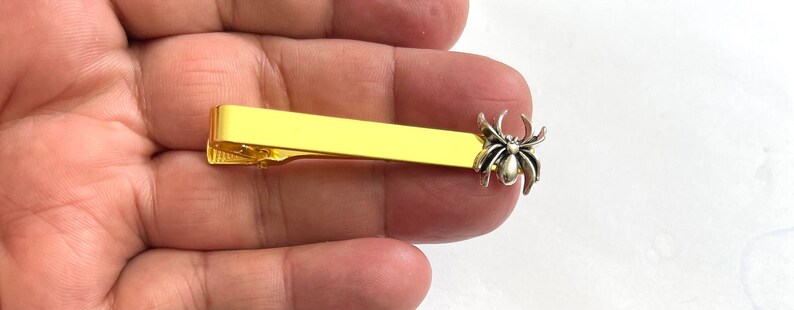 May include: A gold tie bar with a silver spider design.