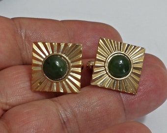 vintage Gold Plated Real Jade Cufflinks  / P73