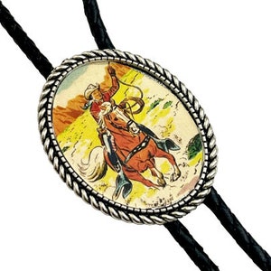 Western Cowboy in a Horse Bolo Tie - Personalized Cord Color ,length , and tips /C2