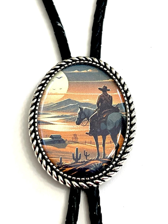Western Cowboy in a Horse Bolo Tie - Personalized Cord Color 