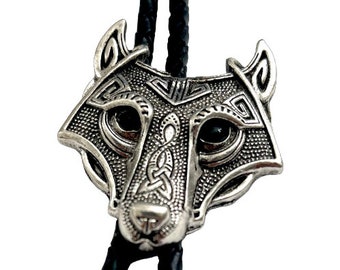 Handmade Viking style wolf Bolo Tie - Personalized Cord Color , length , and tips /T22