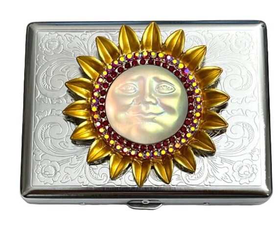 Stainless Steel Unique Sunflower Sun Moon Cigarette Case Business Card ID  Holder /T20