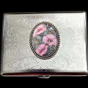 Stainless Steel Unique PINK FLOWERS Cigarette Case Business Card ID Holder /FL8