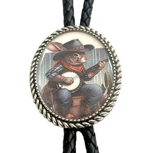FUNNY RABBIT PLAYING Banjo Music Bolo Tie - Personalized Cord Color ,length , and tips /FC2