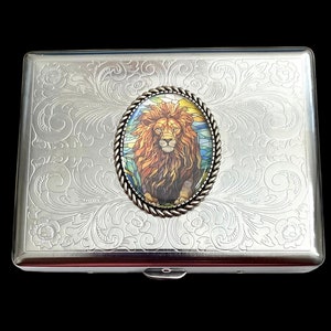Estuche para cigarrillos LION exclusivo de acero inoxidable con tarjetero para tarjetas de visita/A9