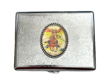 Stainless Steel Western Cowboy Cigarette Case Business Card ID Holder