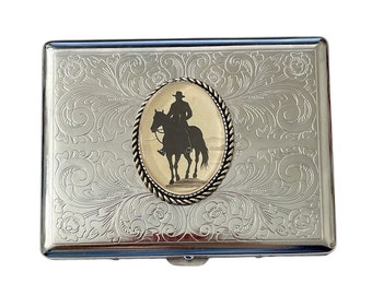 Stainless Steel Western Cowboy Cigarette Case Business Card ID Holder