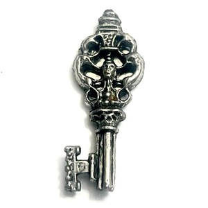 Puede incluir: Llave plateada ornamentada con un diseño detallado. La llave presenta una parte superior decorativa con una cara esculpida y elementos florales. El mango de la llave tiene un diseño clásico y detallado. La llave está sobre un fondo blanco.