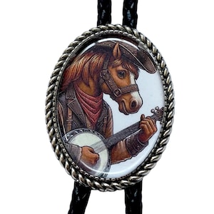 FUNNY HORSE  PLAYING Banjo Music Bolo Tie - Personalized Cord Color ,length , and tips /FC2