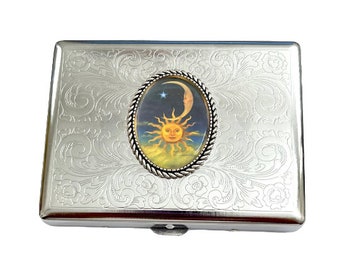 Stainless Steel Celestial Sun And Moon Cigarette Case Business Card ID Holder