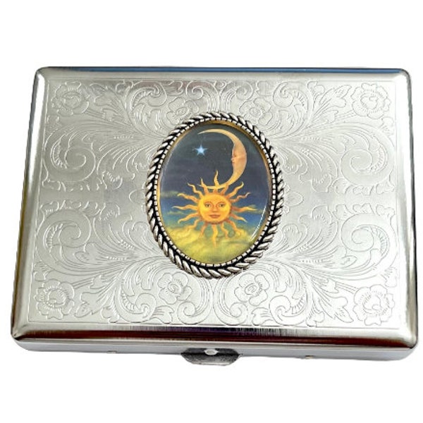 Stainless Steel Celestial Sun And Moon Cigarette Case Business Card ID Holder