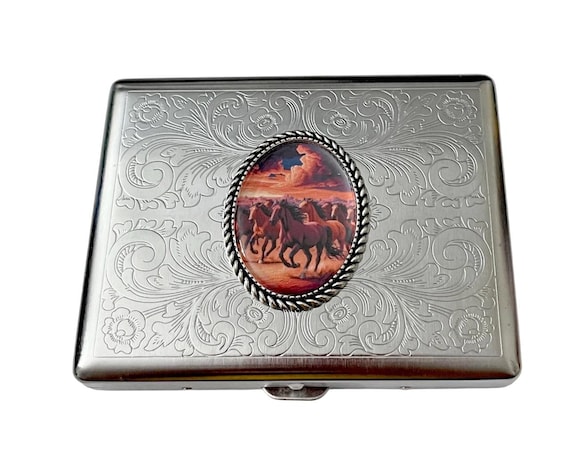 cigarette case business card holder Retro Victorian Style Metal for Regular, King & 100's Size Credit Holder Pocket Security Wallet, Large with Etched Pattern RFID Protective Security Wallet (ET-L100, Silver) : Health Herd of Horses vintage style