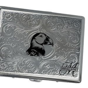 Macareux moine personnalisé en acier inoxydable monogramme nom étui à cigarettes porte-carte d'identité cadeau fête des pères fête des mères saint valentin