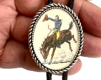 Western Cowboy on a Horse Bolo Tie - Personalized Cord Color  display picture 2