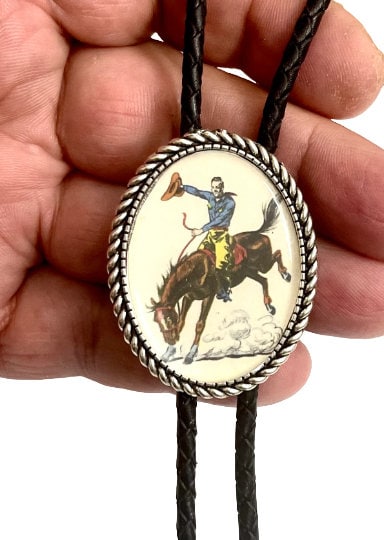 Western Cowboy on a Horse Bolo Tie - Personalized Cord Color 