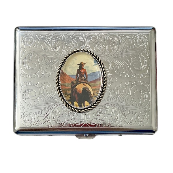 Stainless Steel Western Cowgirl Cigarette Case Business Card ID Holder