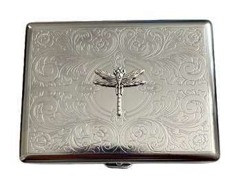 Estuche para cigarrillos de acero inoxidable con forma de libélula, tarjetero para tarjetas de visita/US3