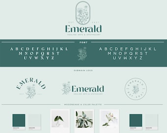 May include: A logo design for a business called "Emerald" that specializes in healing arts and apothecary. The logo features a stylized floral illustration with the text "Emerald" in a modern font. The text "EST. 2021" is also included in the logo. The logo is displayed on a light blue background.