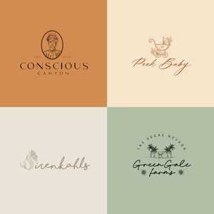 Może przedstawiać: Kolaż czterech logo. Logo w lewym g&oacute;rnym rogu jest dla "Conscious Canyon" i przedstawia twarz kobiety w owalnej ramie. Logo w prawym g&oacute;rnym rogu jest dla "Peek Baby" i przedstawia zabytkowy w&oacute;zek dziecięcy. Logo w lewym dolnym rogu jest dla "sirenkahls" i przedstawia syrenę. Logo w prawym dolnym rogu jest dla "Green Gale Farms" i przedstawia palmę oraz tekst "Las Vegas Nevada".