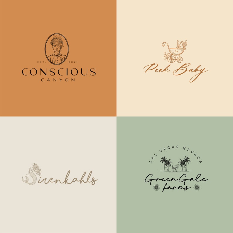 Może przedstawiać: Kolaż czterech logo. Logo w lewym g&oacute;rnym rogu jest dla "Conscious Canyon" i przedstawia twarz kobiety w owalnej ramie. Logo w prawym g&oacute;rnym rogu jest dla "Peek Baby" i przedstawia zabytkowy w&oacute;zek dziecięcy. Logo w lewym dolnym rogu jest dla "sirenkahls" i przedstawia syrenę. Logo w prawym dolnym rogu jest dla "Green Gale Farms" i przedstawia palmę oraz tekst "Las Vegas Nevada".