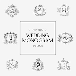 Op de afbeelding: Een verzameling aangepaste trouwmonogramontwerpen in zwart en wit. De ontwerpen bevatten sierlijke frames met initialen, bloemelementen en decoratieve details. De centrale tekst luidt "CUSTOM WEDDING MONOGRAM DESIGN".