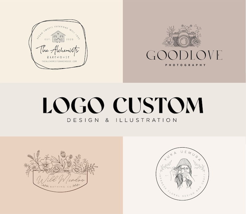 Może przedstawiać: Cztery r&oacute;żne projekty logo dla firm. Pierwsze logo jest dla piekarni o nazwie "The Alchemists Bakehouse". Drugie logo jest dla firmy fotograficznej o nazwie "Goodlove Photography". Trzecie logo jest dla firmy kąpielowej o nazwie "Wild Meadow Bathing Co.". Czwarte logo jest dla japońskiej firmy zajmującej się projektowaniem kwiat&oacute;w i rzemiosłem o nazwie "Yuka Uemura".