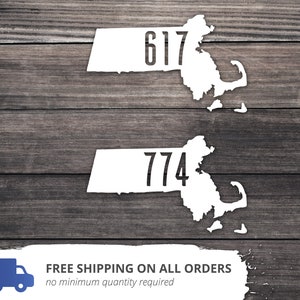 Massachusetts State Decal / Area Code Decal / Boston 617 / Worcester 508 / Springfield 413 / Massachusetts Home