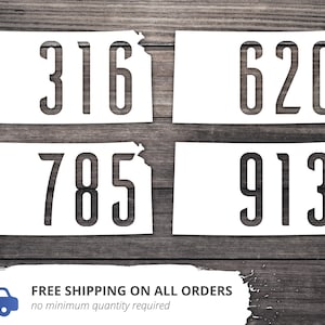 May include: Four white Kansas state outline stencils with black numbers 316, 620, 785, and 913.  Free shipping on all orders, no minimum quantity required.