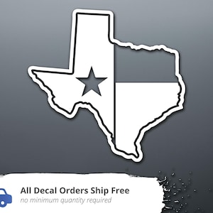 May include: White vinyl decal of the state of Texas with a single star and a horizontal stripe across the middle.  All Decal Orders Ship Free, no minimum quantity required.